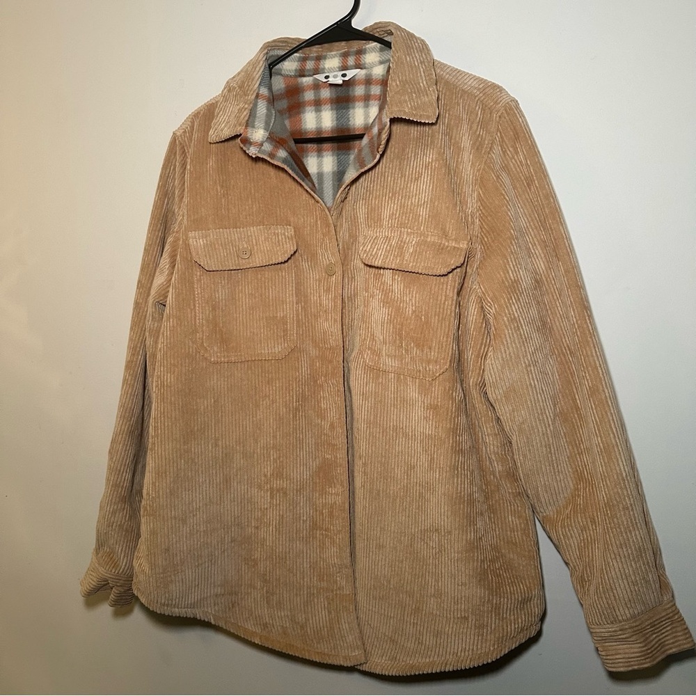 Three Dots Tan Corduroy Style Jacket with Plaid Lining Size M - Picture 2 of 15